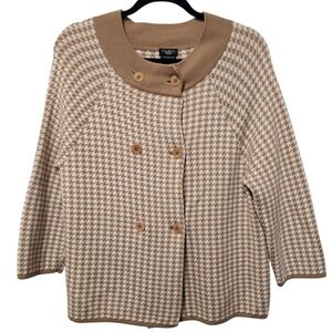 Talbots XL Petite Tan Houndstooth Italian Merino Wool Button Front Knit Cardigan